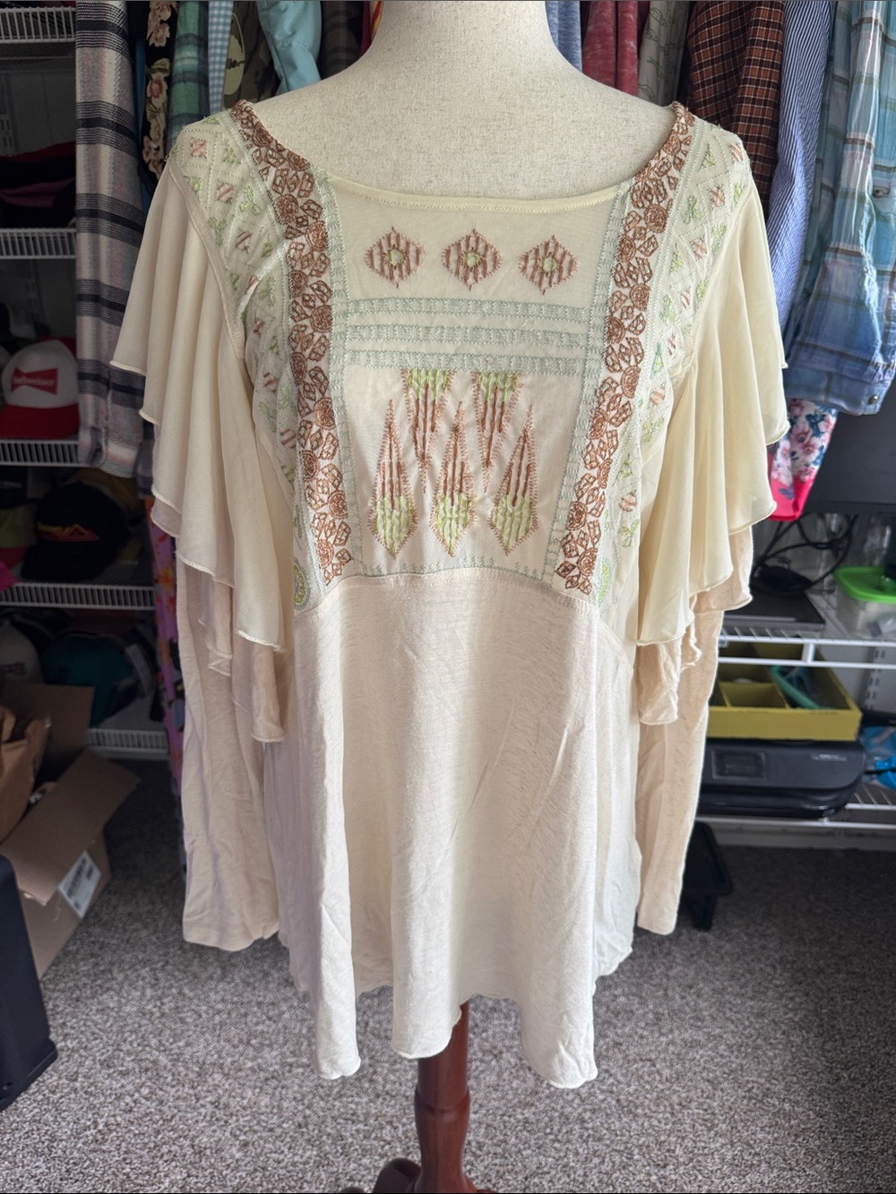 Free People Cream Embroidered Flutter-Sleeve Tunic